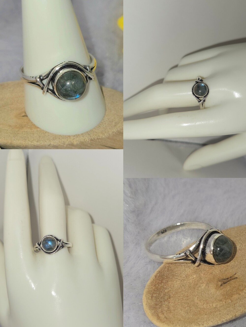 Tiny Labradorite Gemstone Unique Handmade Halo Ring Boho Engagement - Picture 7 of 7